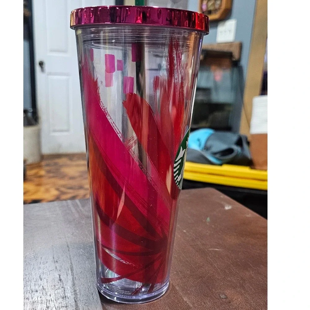 Starbucks‎ 2014 Red Magenta Brushstroke Venti Cold Cup Tumbler 24oz With Straw